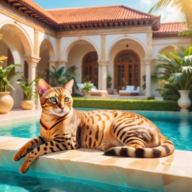 bengal cat suntanning next to a luxurious villa pool, capturing a posh and magical moment.