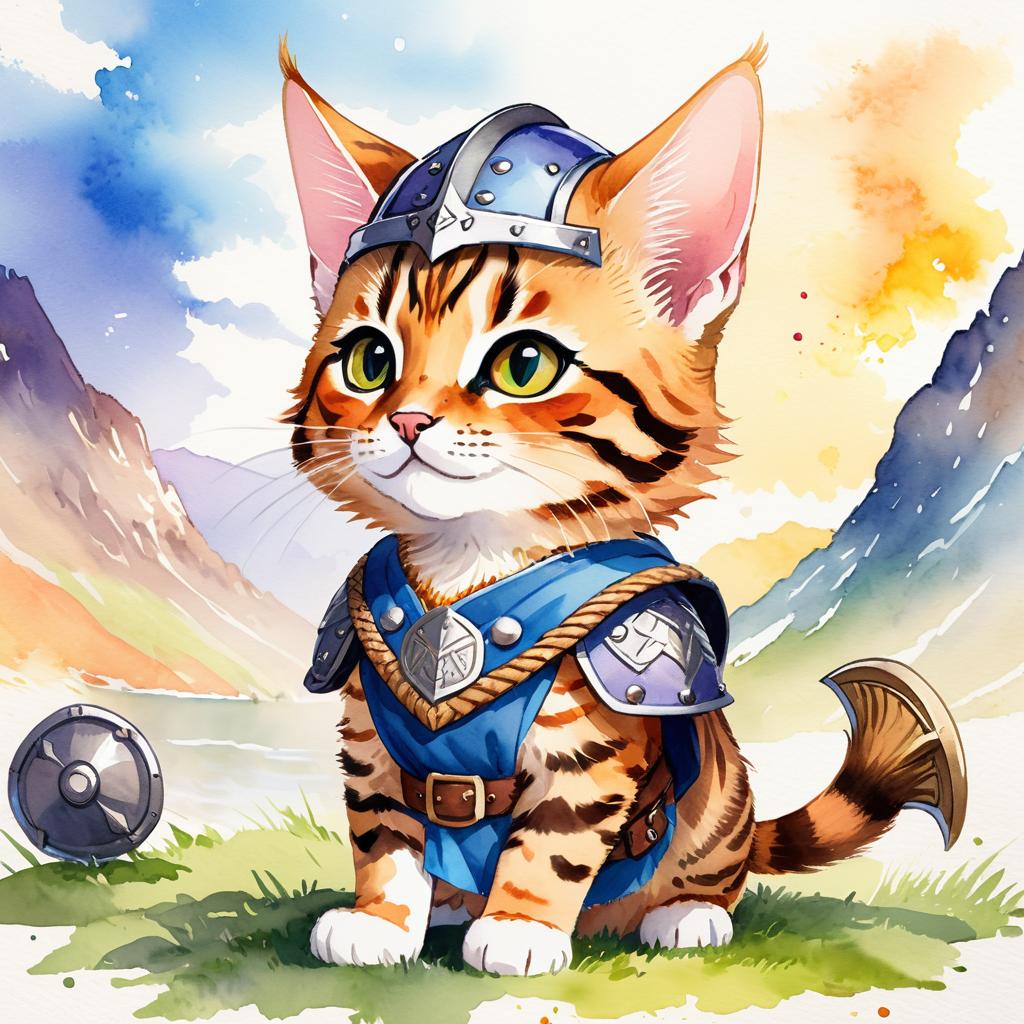 watercolor painting of bengal cat as a viking, wearing traditional armor and helmet, in a vibrant viking environment.