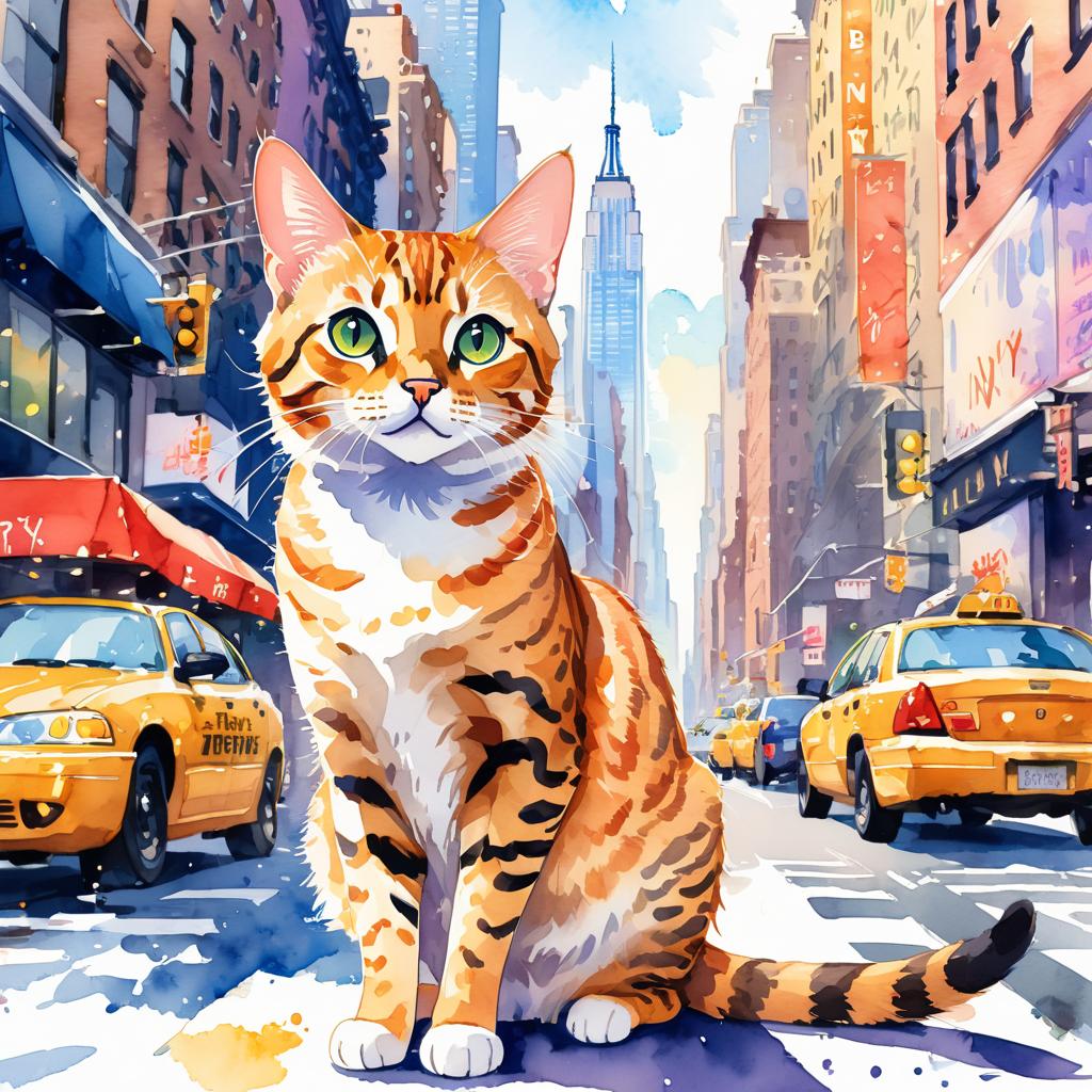 bengal cat in new york, rendered in a vibrant watercolor illustration, with a highly detailed and happy depiction.