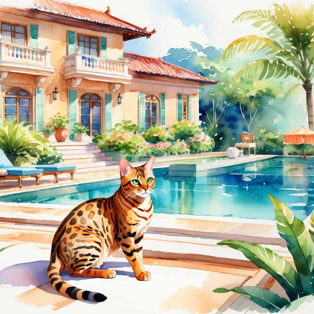 watercolor illustration of bengal cat suntanning next to a luxurious villa pool, capturing a posh and vibrant scene.