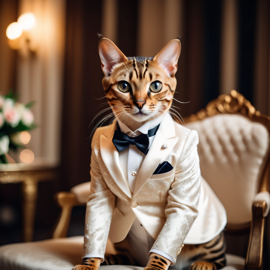 bengal cat in a beautiful wedding suit, capturing a cute and happy moment in a romantic environment.