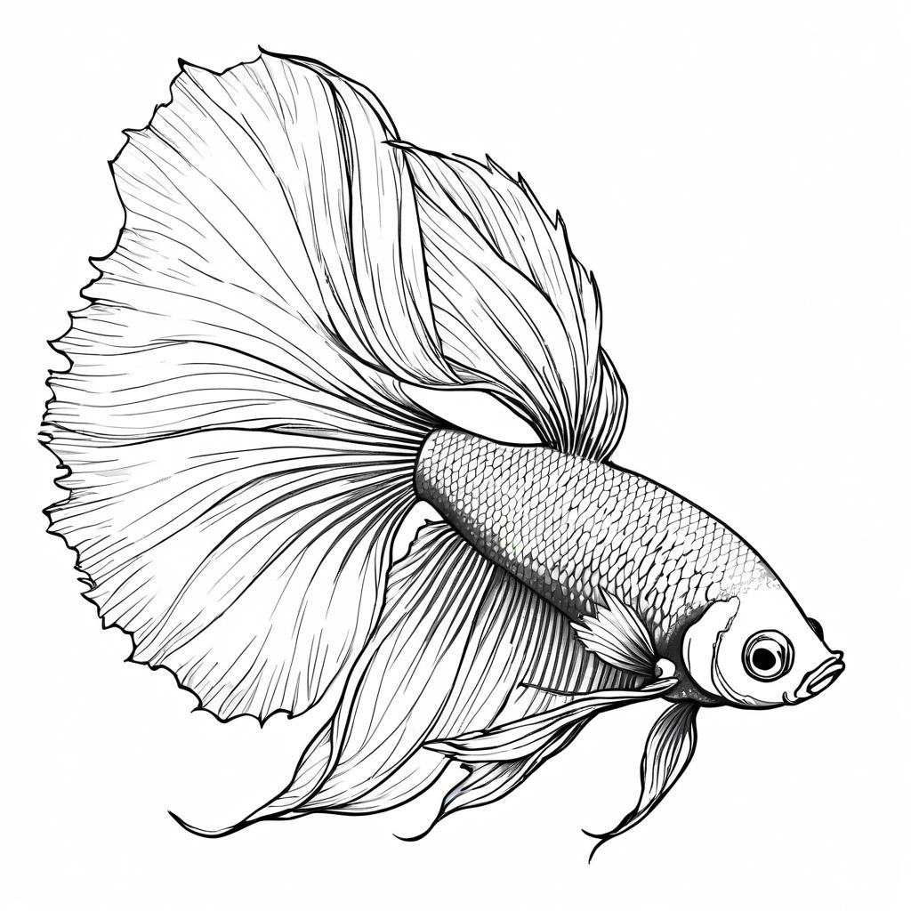 pencil sketch drawing of betta fish, detailed line art in black and white, capturing a timeless and elegant representation.