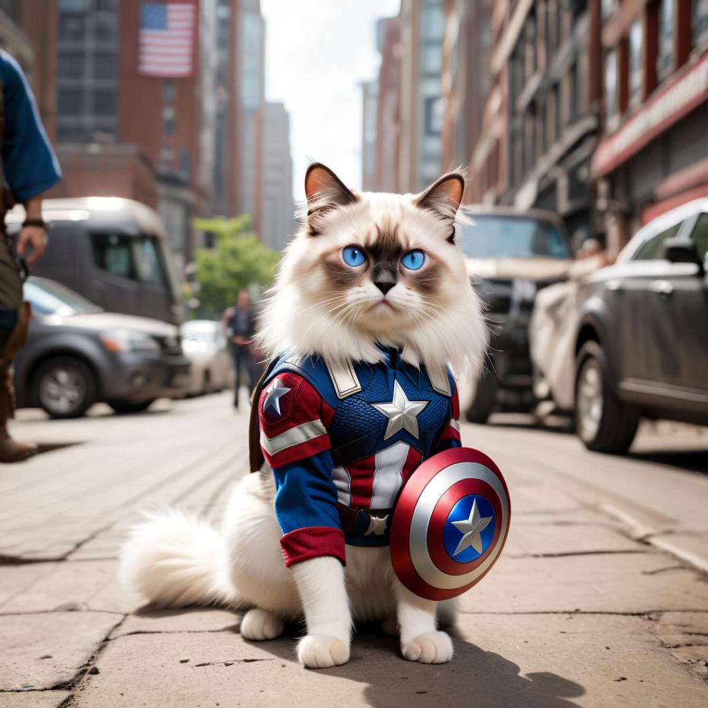 birman cat as captain america from avengers, in action, cute and happy.