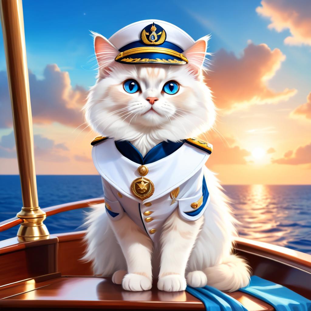 birman cat as a captain on a luxury yacht, wearing captain uniform, ethereal and majestic.