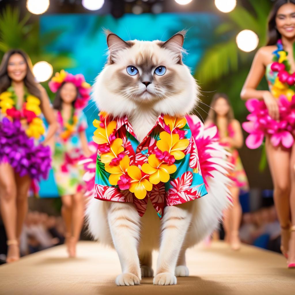 birman cat strutting down the fashion show catwalk stage in a vibrant hawaiian shirt and a floral lei, high energy and joyful.