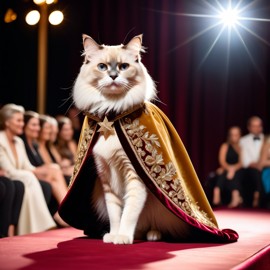 birman cat strutting down the fashion show catwalk stage in a luxurious velvet cape with gold embroidery, high energy and majestic.