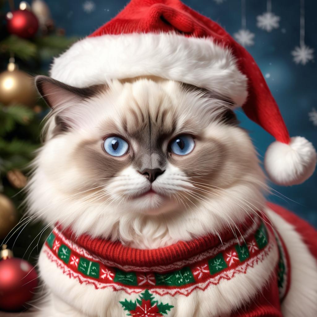 birman cat in a christmas sweater and santa hat, lifelike and festive.