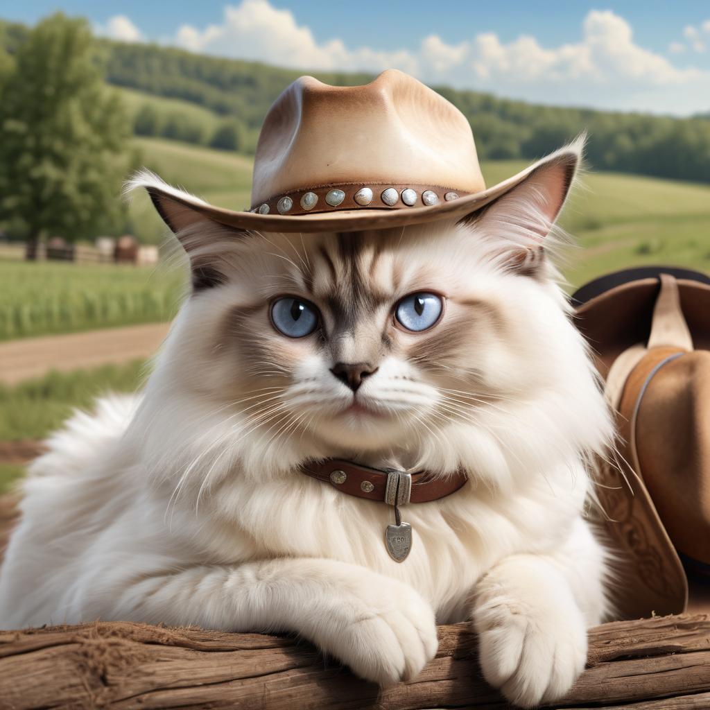 birman cat as a cowboy wearing a hat, in the midwest countryside, on a farm.