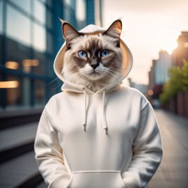 birman cat in a white hoodie, showcasing a modern urban setting with a cute and stylish look.