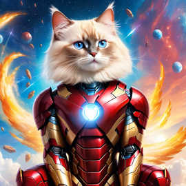 birman cat as iron man, showcasing a celestial, painterly style with a magical iron man costume.