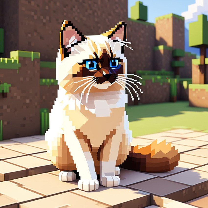 birman cat as a minecraft character in pixel graphics, capturing the charm of the blocky minecraft universe.