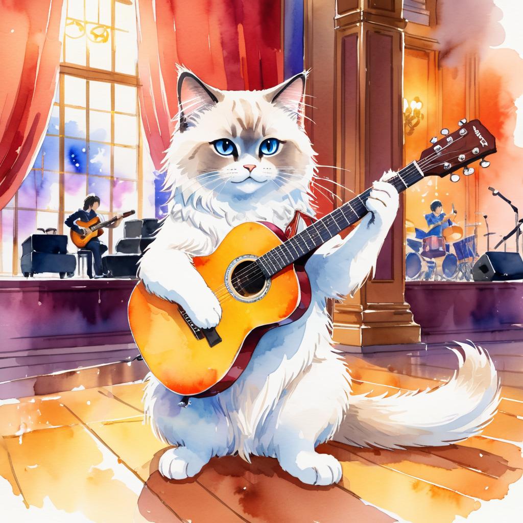 birman cat as a musician in a watercolor painting, playing guitar in a vibrant and detailed concert hall scene.