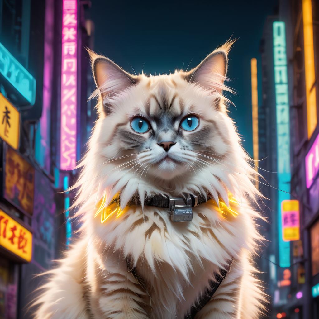 birman cat in a vibrant neon city with chinapunk style, featuring captivating lighting and a modern, exotic look.