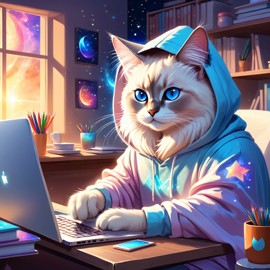 birman cat as a programmer, working on a laptop in a hoodie, capturing a cute and magical moment.