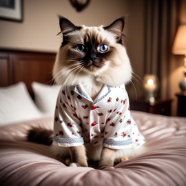 birman cat in cute pyjamas, relaxing in a beautiful posh bedroom, highlighting happiness and coziness.