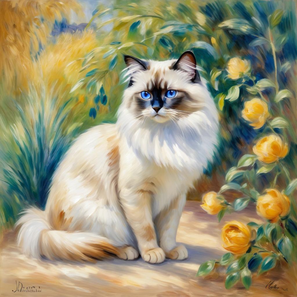 birman cat in the style of renoir, showcasing classic artistic brush strokes and timeless elegance.