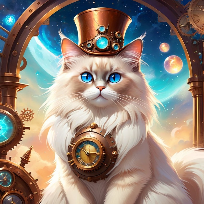 birman cat in a steampunk style, cute and happy, with a magical and painterly quality.