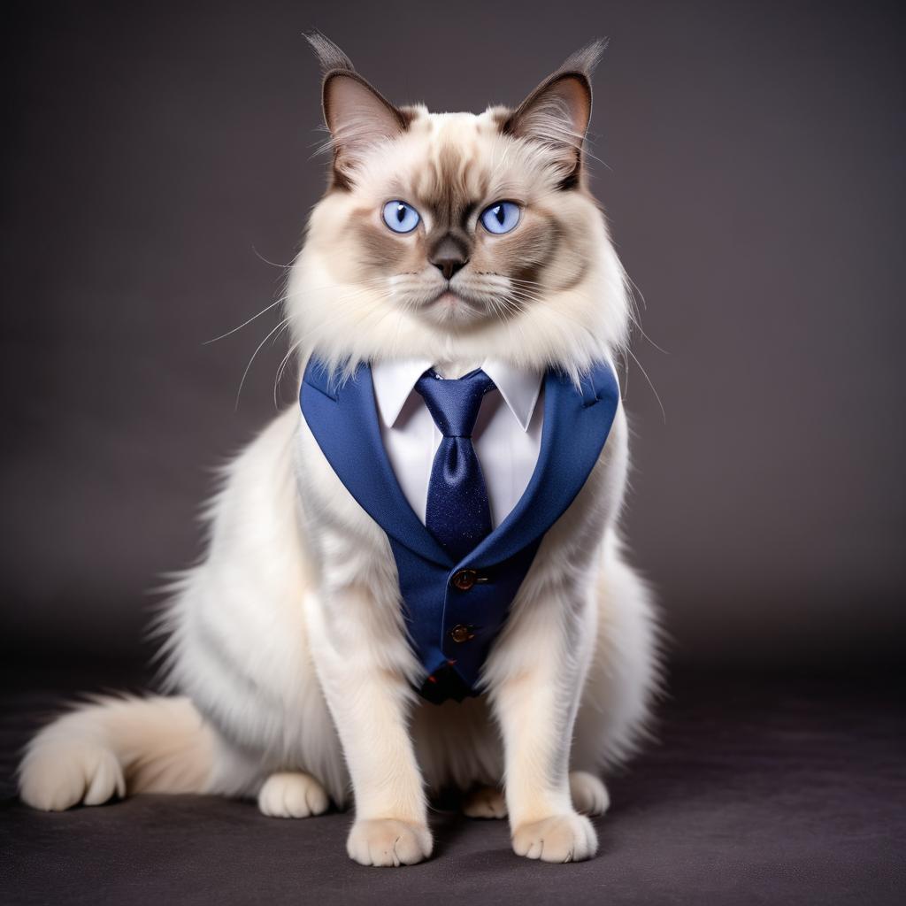 birman cat in a stylish suit, posing against a diffused background, looking cute and professional.