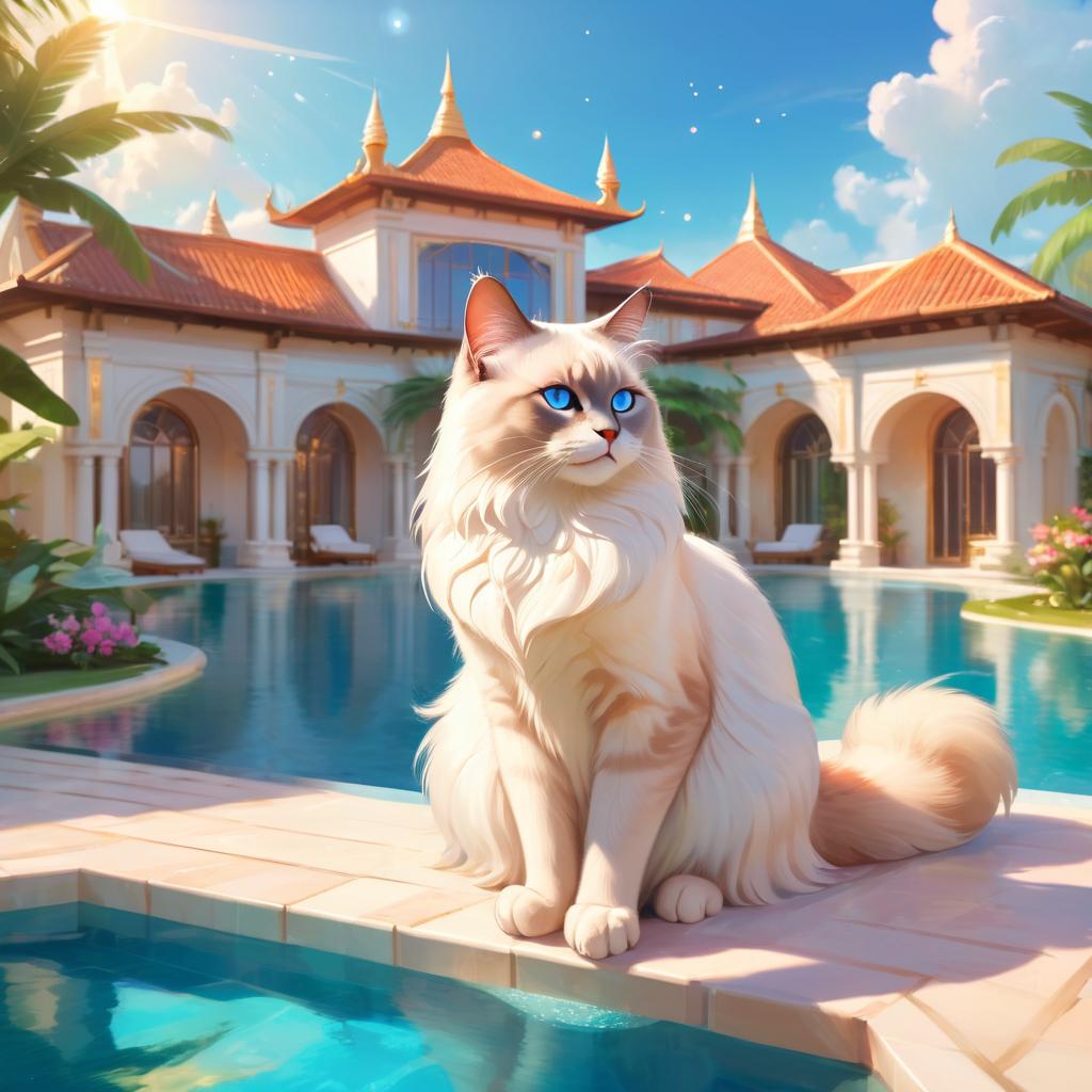 birman cat suntanning next to a luxurious villa pool, capturing a posh and magical moment.