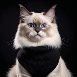 birman cat in a black turtleneck, against a diffused background, looking cute and elegant.