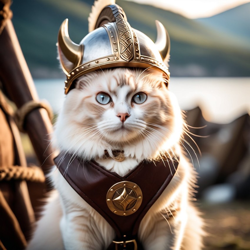 birman cat as a viking, wearing traditional armor and helmet, set in a detailed viking environment.