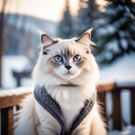 birman cat in a beautiful winter scene, wearing stylish winter clothing, looking cute and happy.