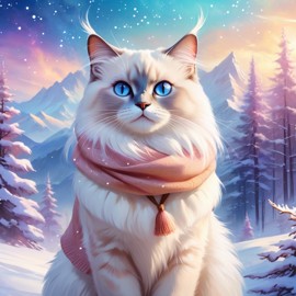 birman cat in a winter scene, wearing stylish winter clothing, looking cute and happy.