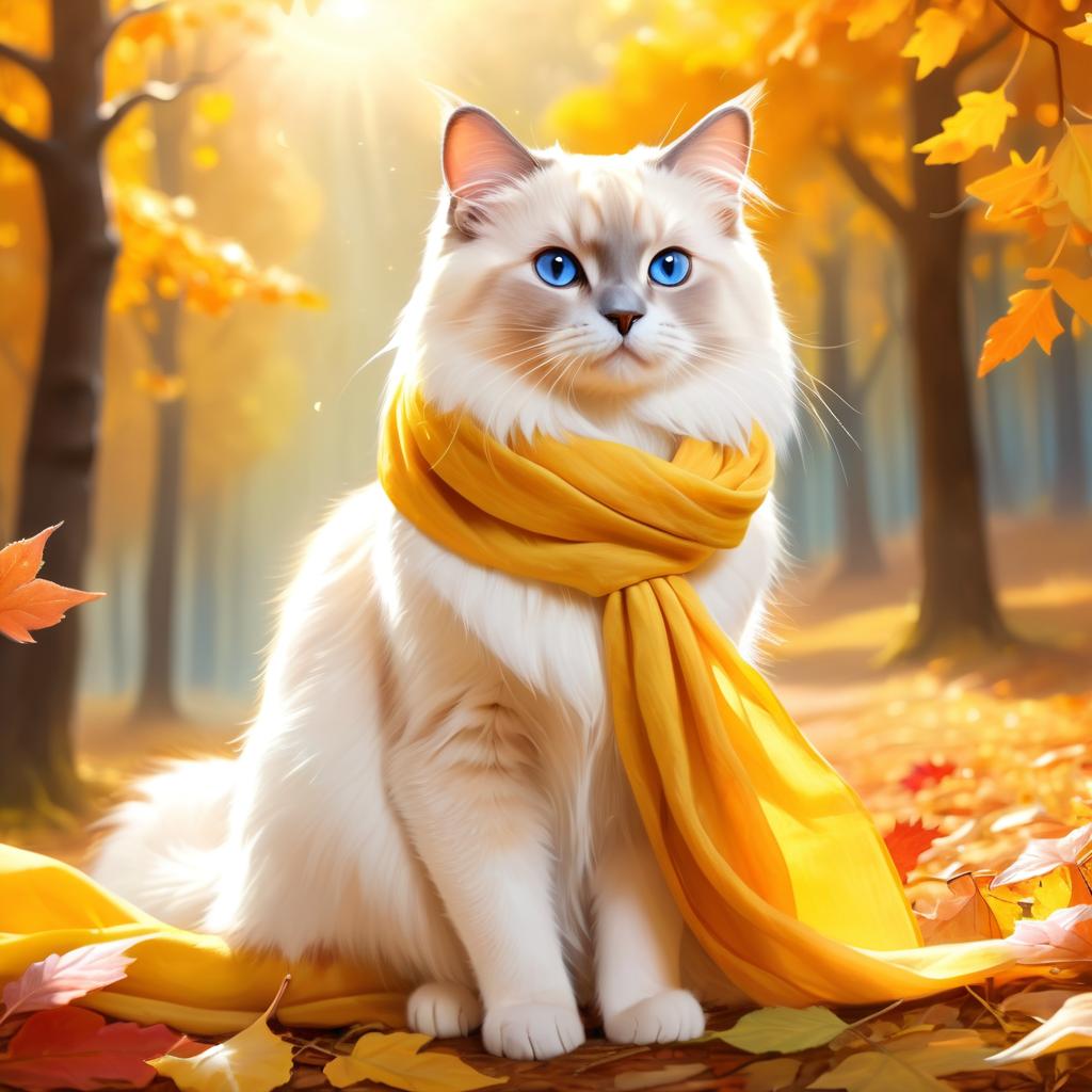 birman cat in a yellow scarf, ethereal and magical style.