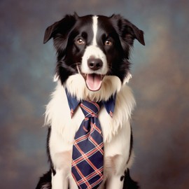 90s yearbook photo of border collie in a shirt and tie, full body, studio background.