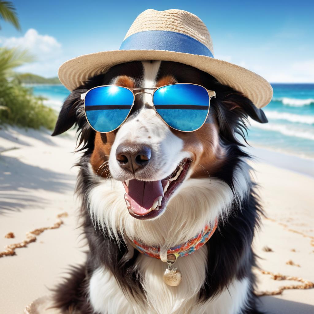 border collie on a beach with white sand and blue sea, wearing sunglasses and summer hat.