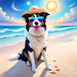 border collie on a beach with white sand and blue sea, wearing sunglasses and summer hat.