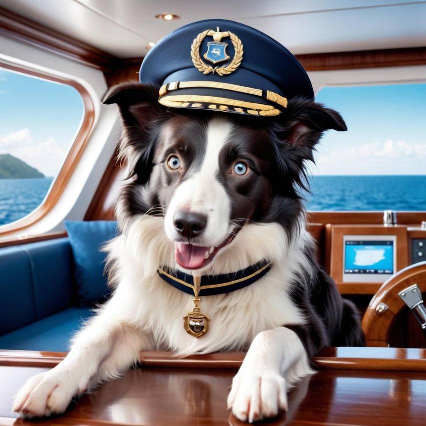 border collie as a captain on a luxury yacht, wearing captain uniform, highly detailed.