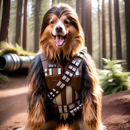 border collie as chewbacca from star wars, in a star wars environment, cute and happy.