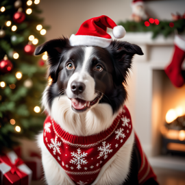 border collie in a christmas sweater and santa hat, festive and detailed.