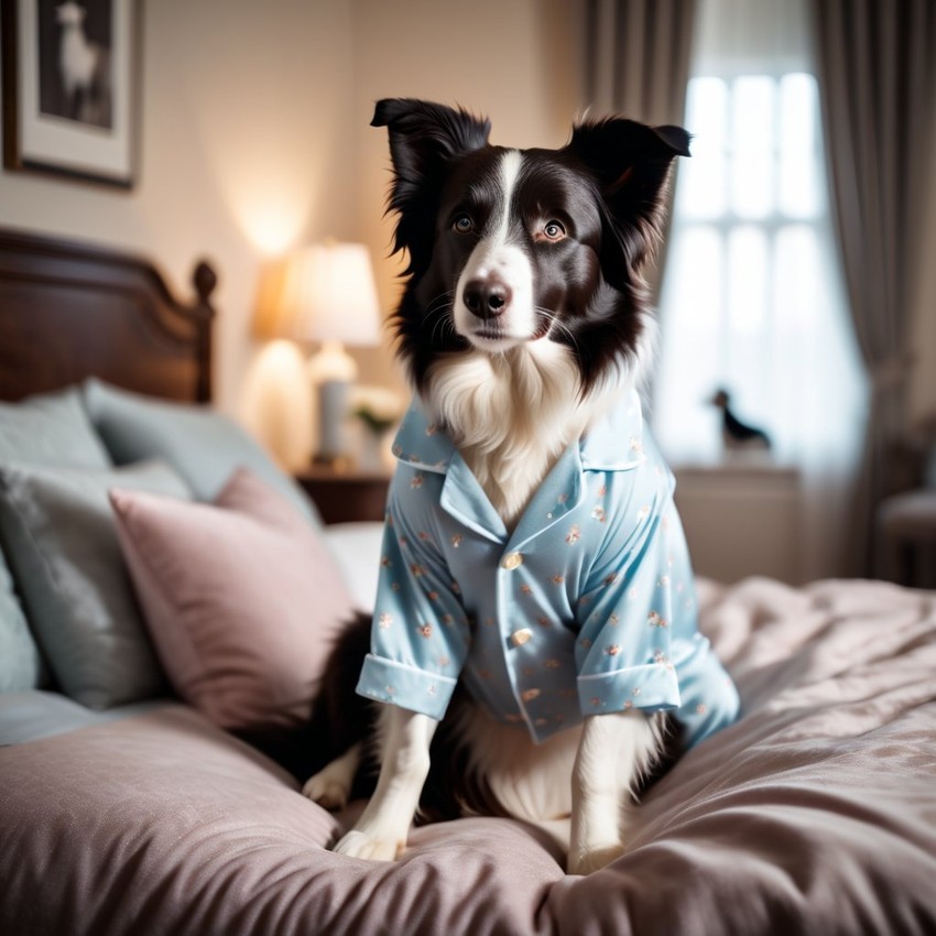 border collie in cute pyjamas, relaxing in a beautiful posh bedroom, highlighting happiness and coziness.