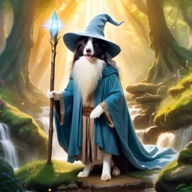 border collie as gandalf, with a white beard and magical surroundings, ethereal and majestic.