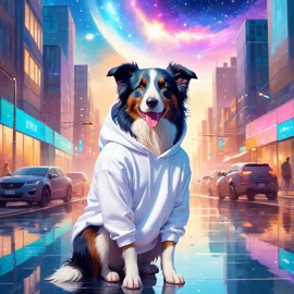 border collie in a white hoodie, featuring a magical and ethereal urban setting with a cute and happy vibe.