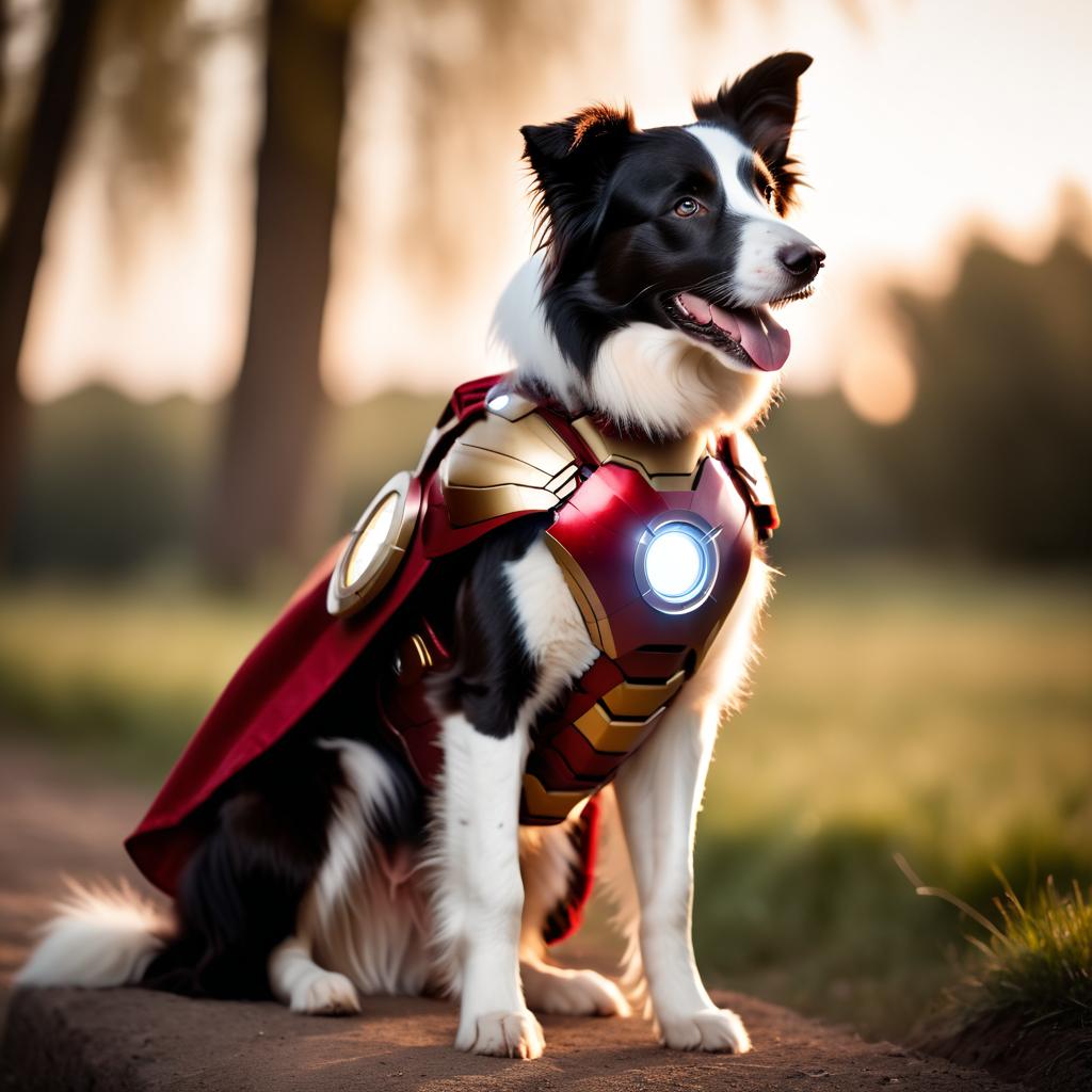 border collie as iron man, featuring a detailed iron man costume and a high-budget movie scene.