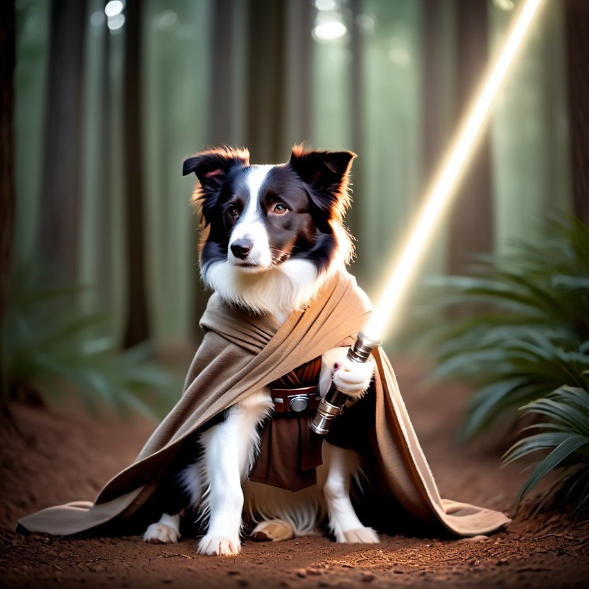 border collie as a jedi knight, featuring a lightsaber and a star wars environment in a high-detail, epic style.