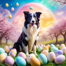 border collie in a magical easter setting with colorful eggs, ethereal and dreamy details.