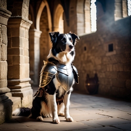 border collie as a medieval knight in a cinematic film still, detailed armor, set in a grand medieval castle.