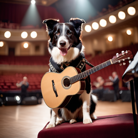 border collie as a musician playing guitar in a cinematic concert hall, capturing dynamic and high-energy performance.