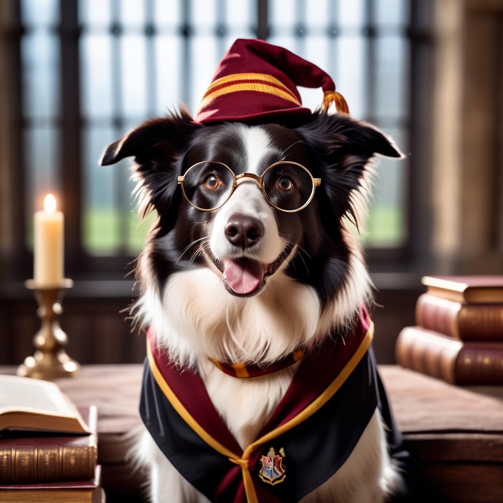 border collie as harry potter, with glasses and hogwarts setting, capturing the magical and epic essence.