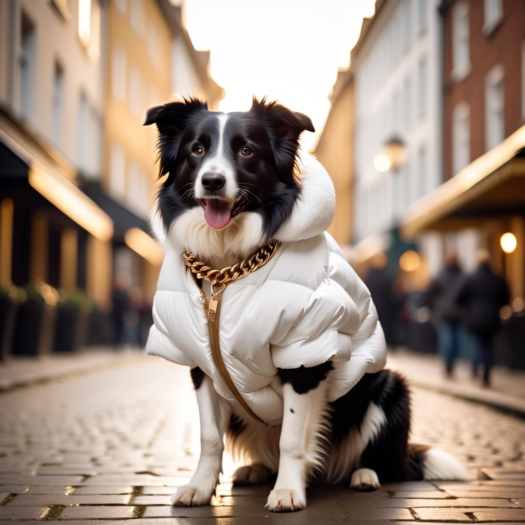 border collie in a large white puffer coat with golden hip hop chains, set in a posh urban environment.