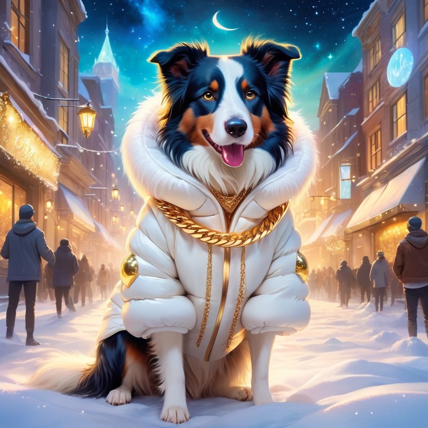 border collie in a white puffer coat with golden hip hop chains, in a posh urban environment, looking cute and happy.