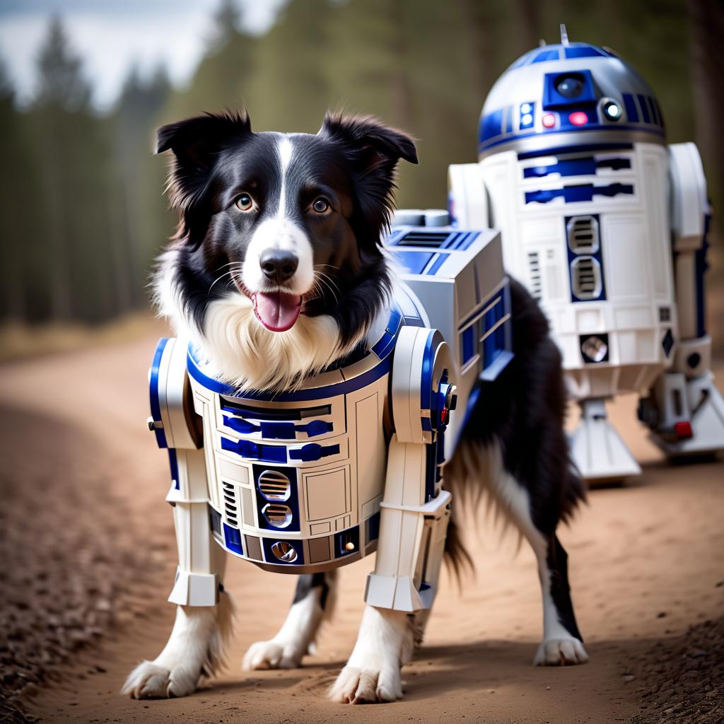 border collie as r2d2 from star wars, dressed as r2d2 in a detailed star wars scene.