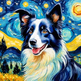 border collie by van gogh, featuring starry night brush strokes, capturing a cute and happy expression.