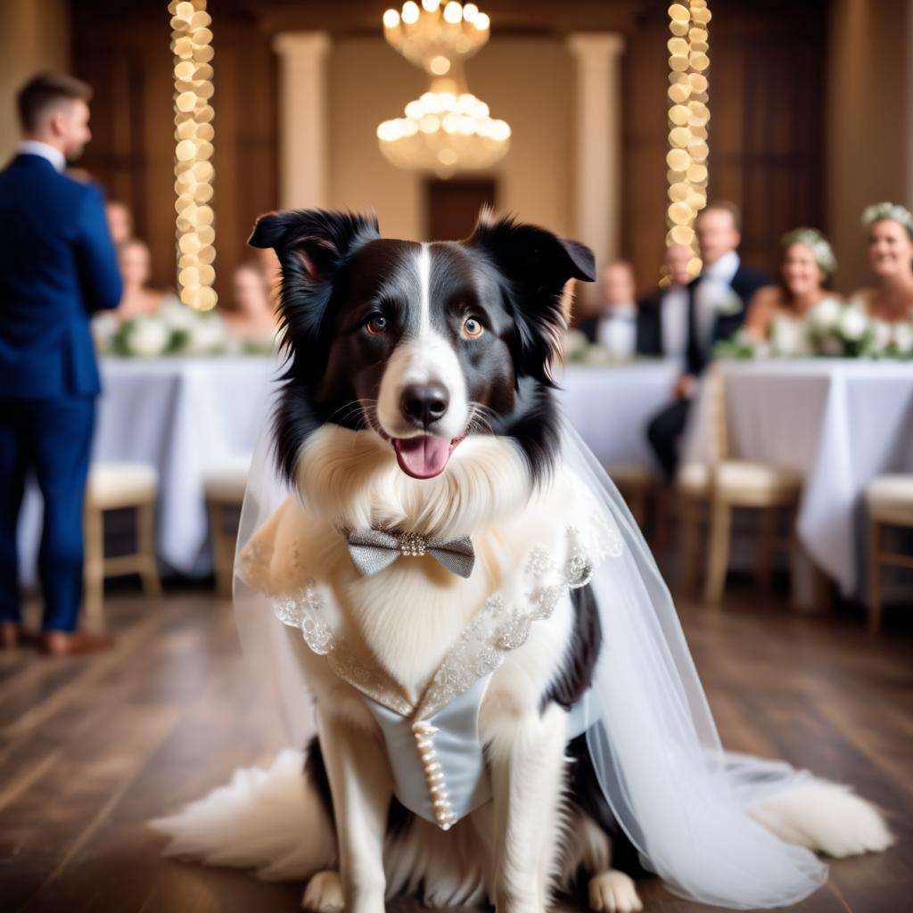 border collie in a beautiful wedding suit, capturing a cute and happy moment in a romantic environment.