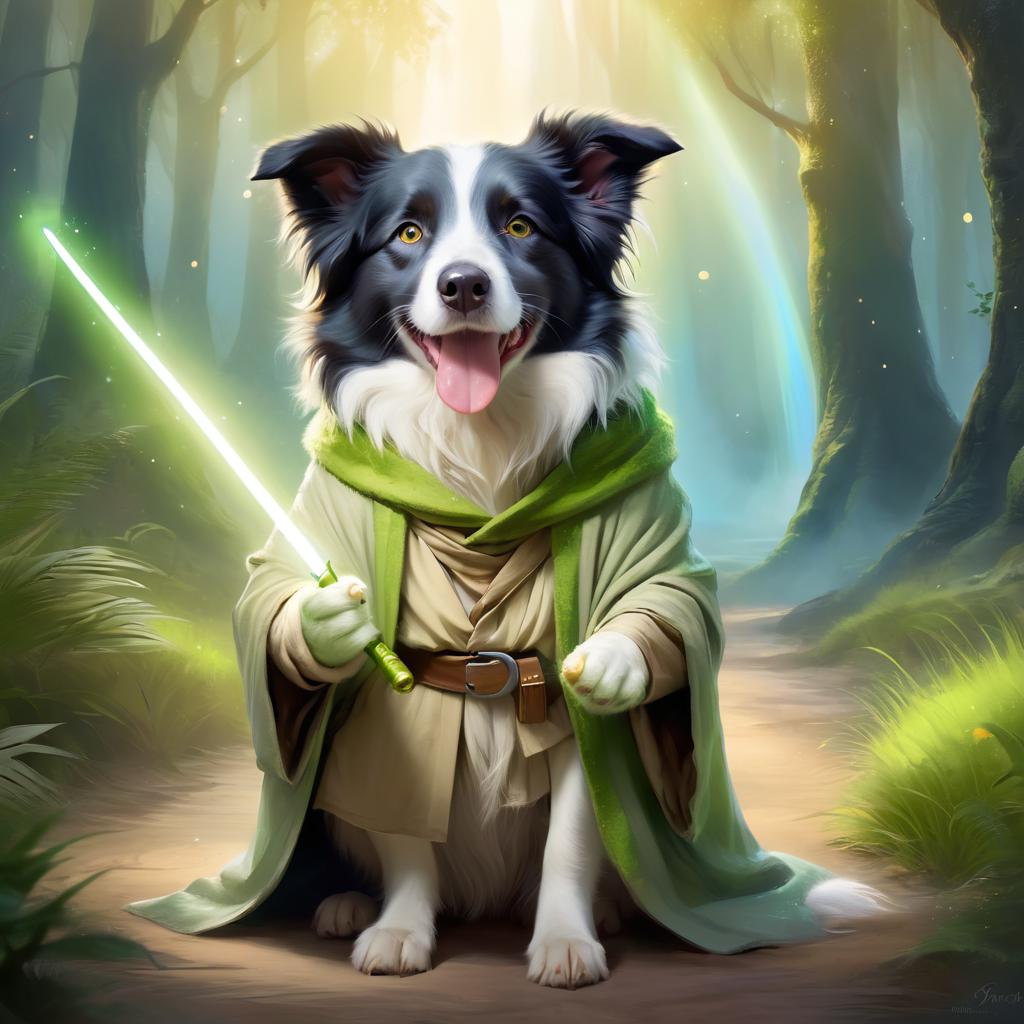 border collie as yoda from star wars, holding a green lightsaber in a cinematic star wars scene.