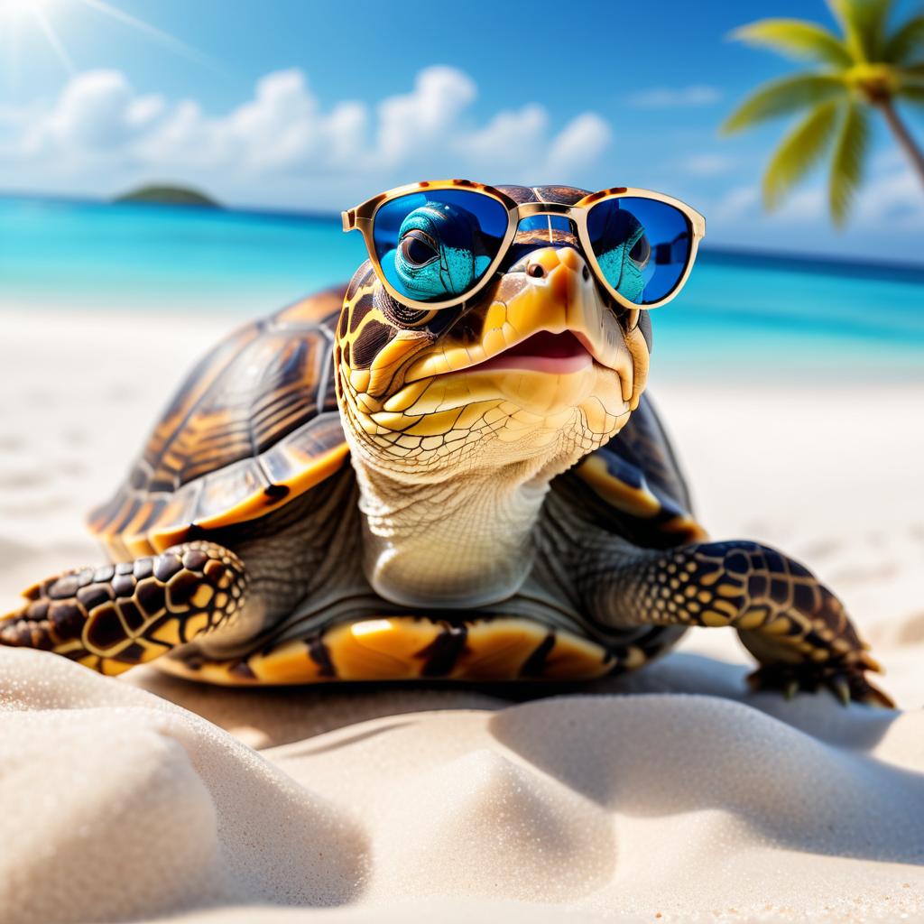 box turtle turtle/tortoise on a beautiful beach with white sand and blue sea, wearing sunglasses.